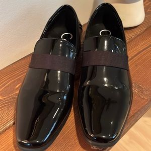 Black patent leather tuxedo shoes